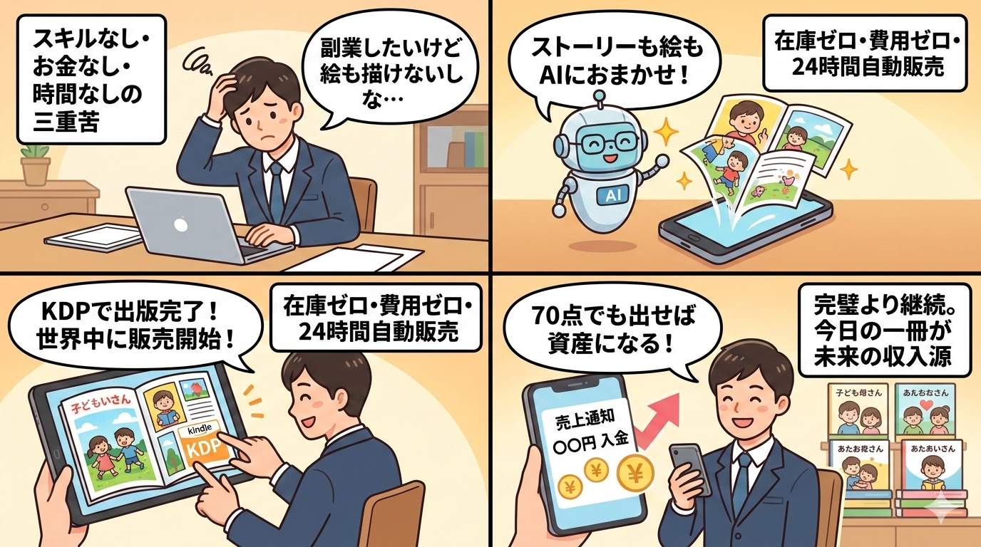 AI絵本副業の4コマ漫画：スキルなし三重苦からKDP出版・収益化までのストーリー