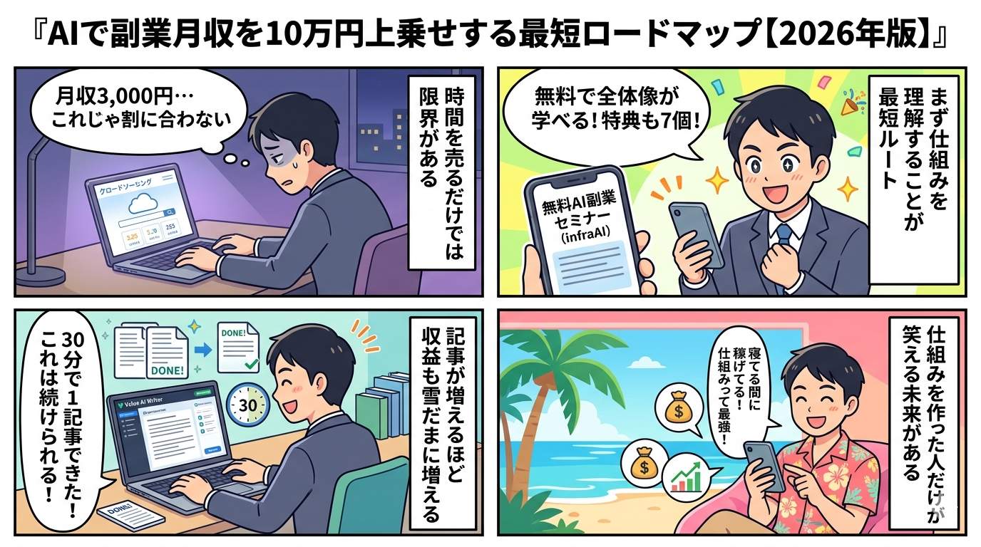 AI副業ロードマップ4コマ漫画：時間売り副業の限界からAIで仕組みを作り月収10万円を達成するまで