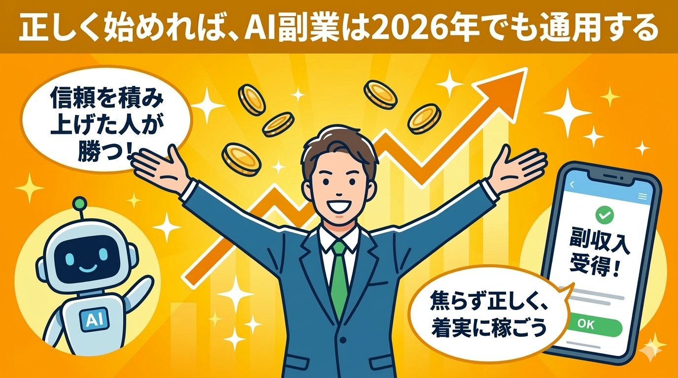 正しく始めればAI副業は2026年でも通用する結論イラスト