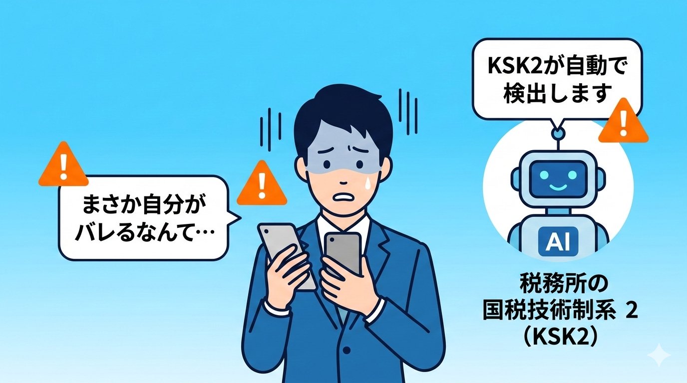 KSK2の通知に青ざめるビジネスパーソン・AI副業税務リスク導入イラスト