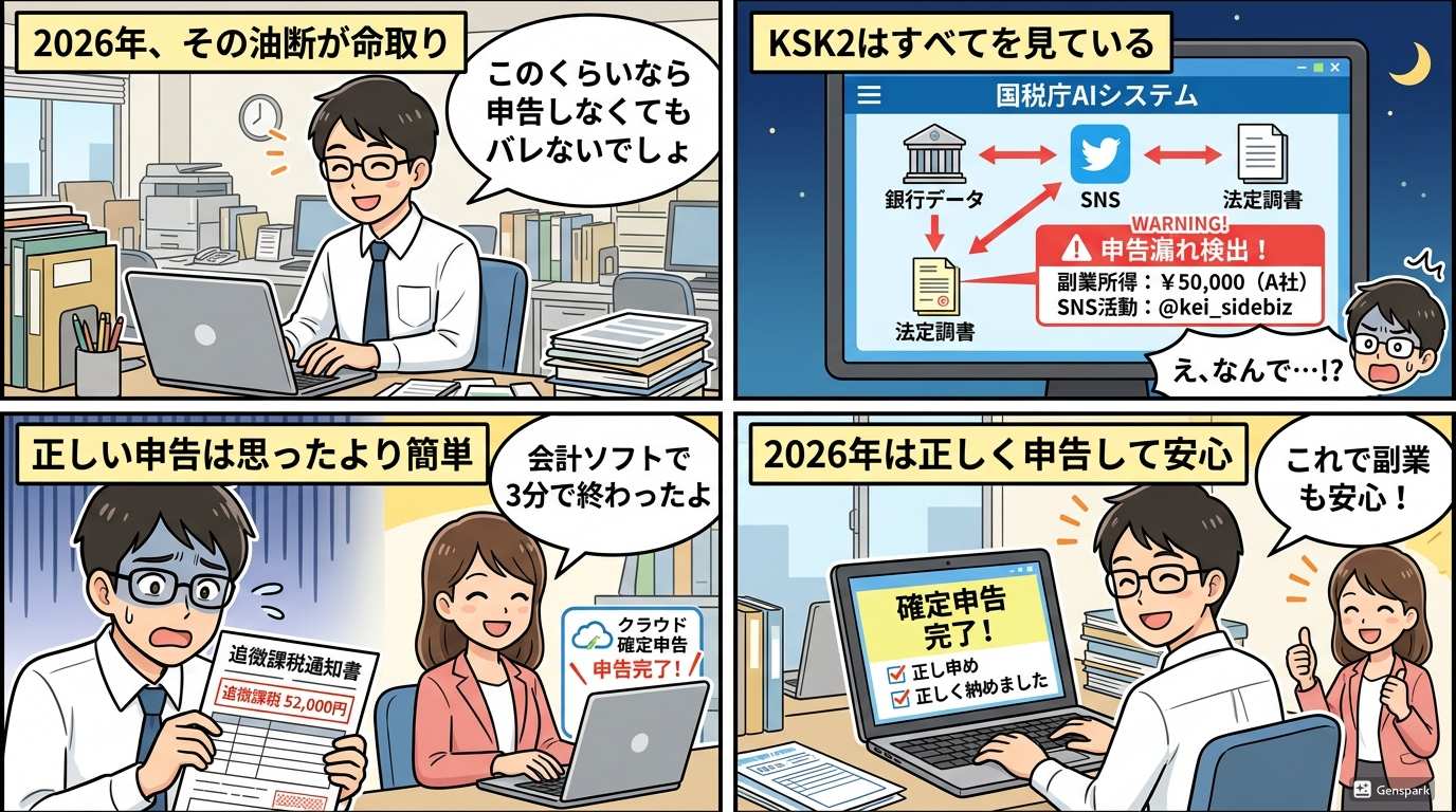 AI副業税金4コマ漫画・KSK2検出から会計ソフト申告完了までの流れ
