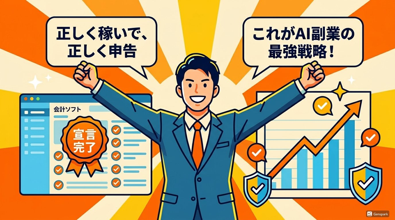 正しく稼いで正しく申告・これがAI副業の最強戦略イラスト