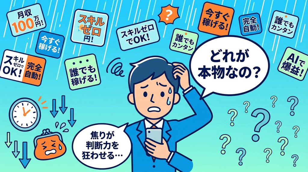 副業詐欺広告の嵐に困惑するビジネスパーソン。焦りが判断力を狂わせる様子を描いたイラスト
