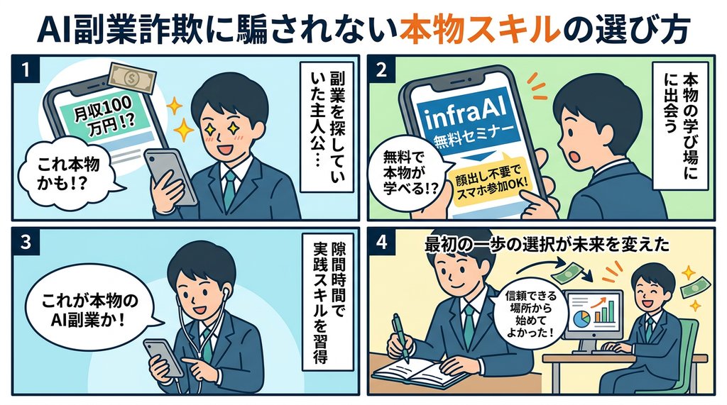 AI副業詐欺に騙されない本物スキルの選び方を描いた4コマ漫画