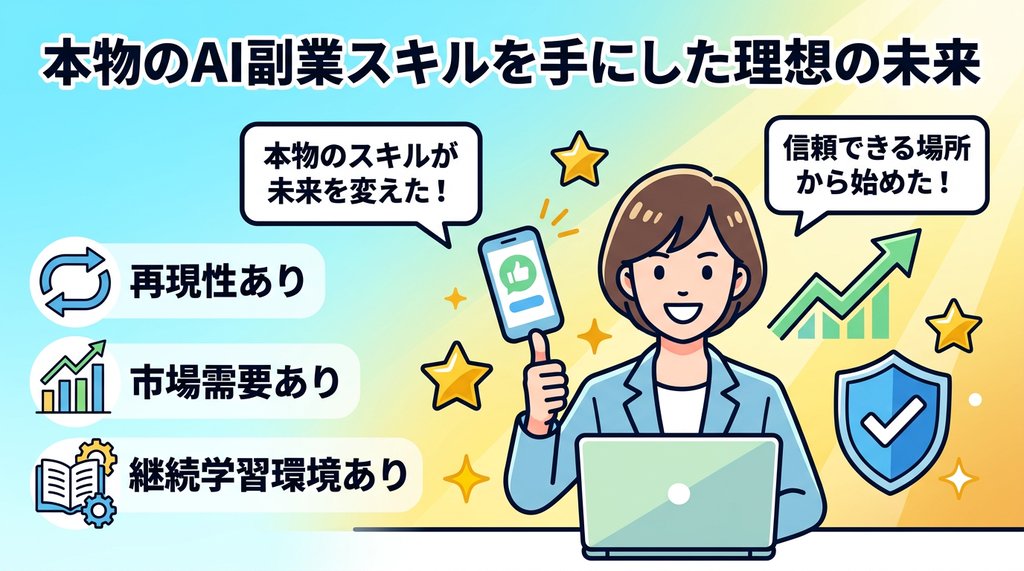 本物のAI副業スキルを手にした理想の未来:再現性あり・市場需要あり・継続学習環境あり