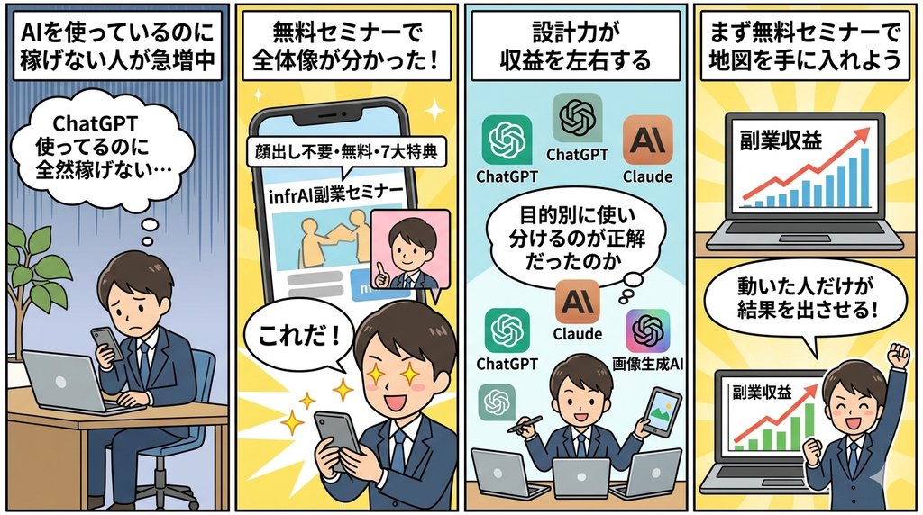 AI副業で稼ぐ人の共通点を描いた4コマ漫画：ChatGPT依存から複数AI使い分けへ