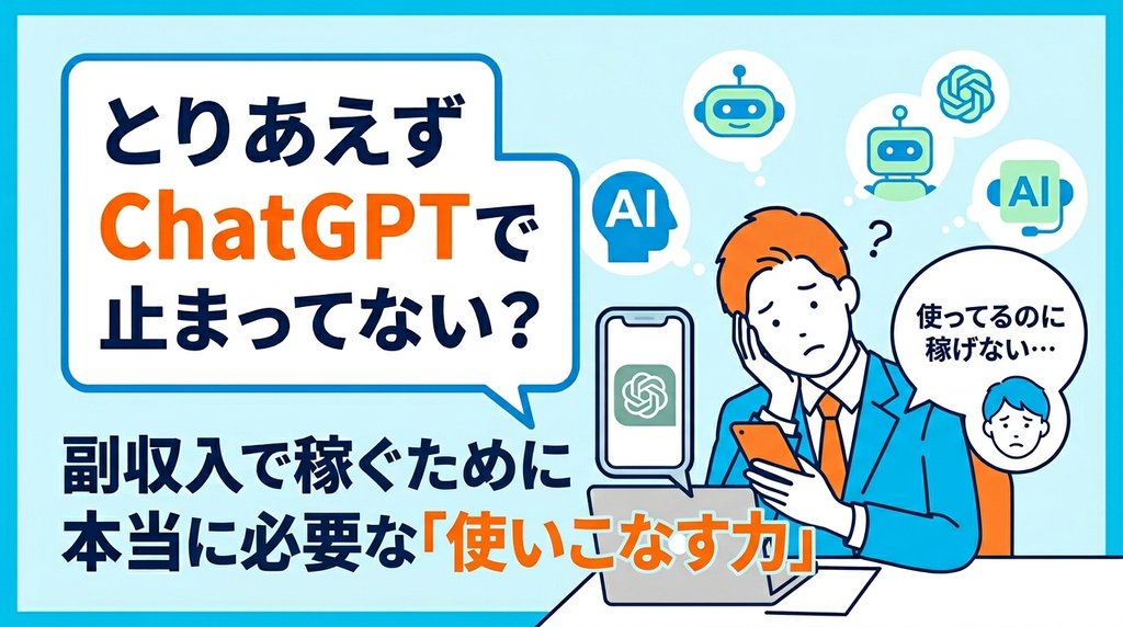 とりあえずChatGPTで止まっていない？使ってるのに稼げないと悩む人のイラスト