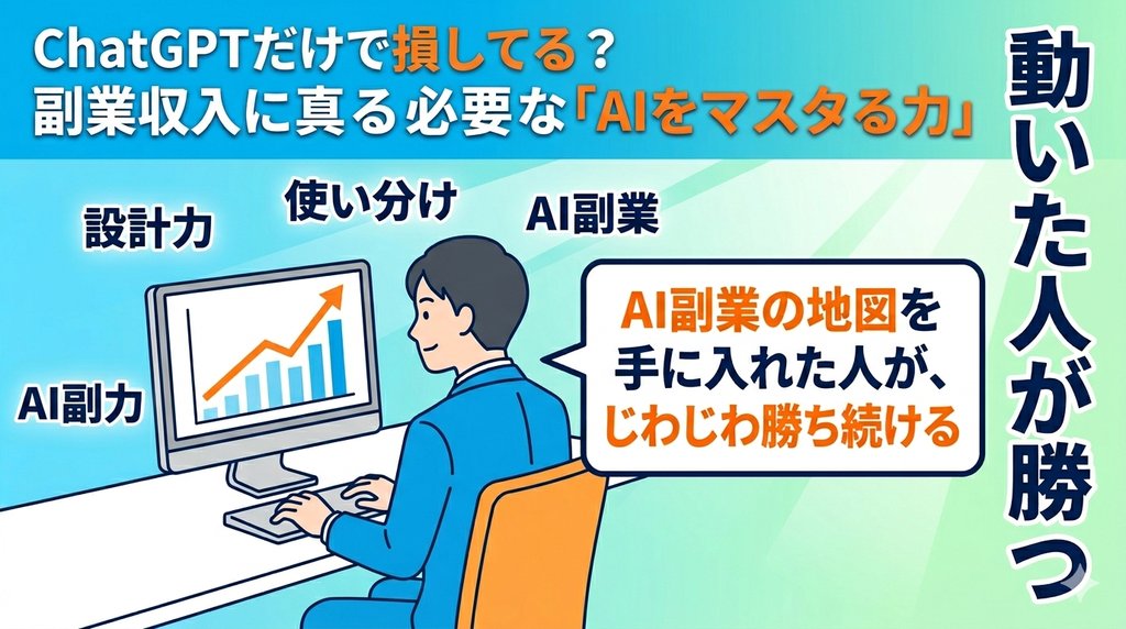 動いた人が勝つ：AI副業の地図を手に入れた人がじわじわ勝ち続けるイメージ
