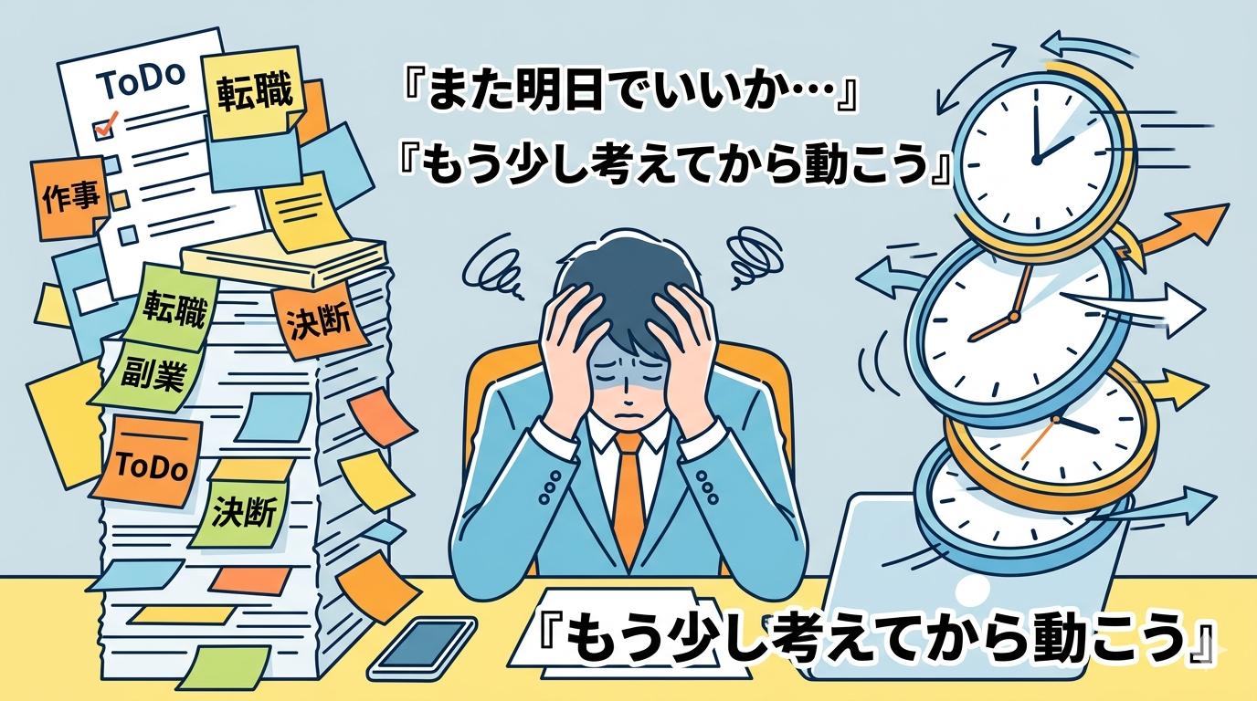 重要な決断を前に先送りを繰り返すビジネスパーソンのイラスト