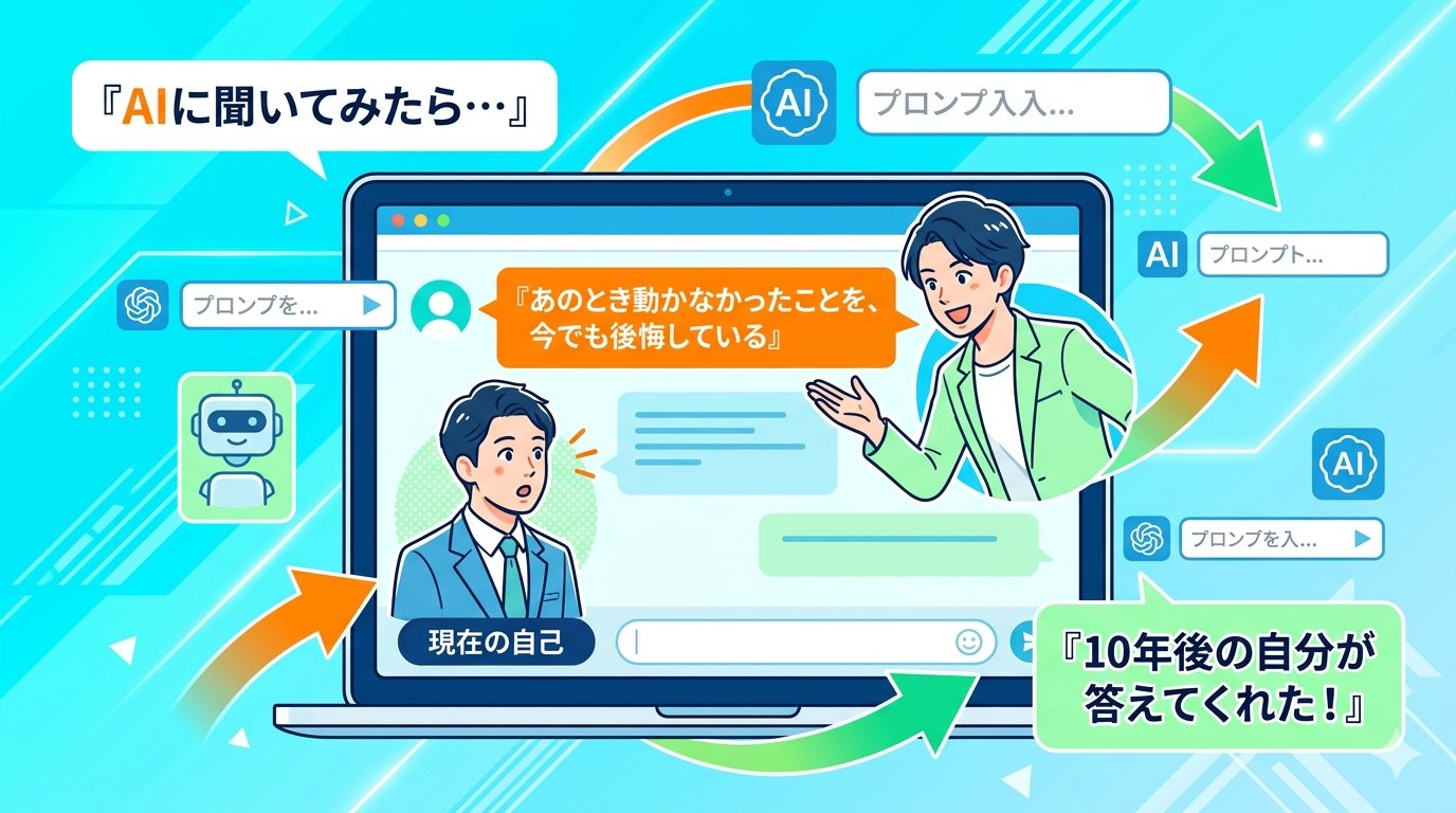 AIチャット画面で10年後の自分と対話するビジネスパーソンのイラスト