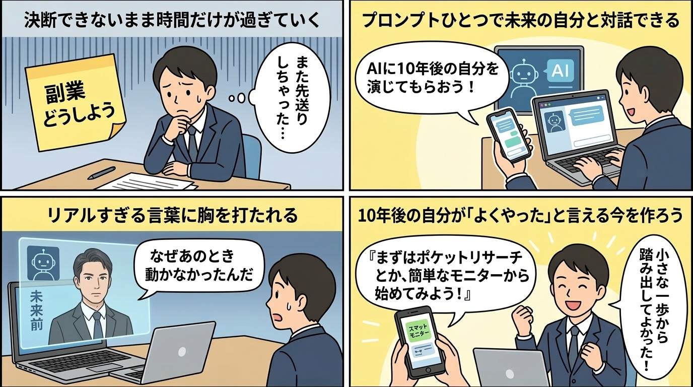 副業を始めて理想の未来を手にした笑顔のビジネスパーソンのイラスト