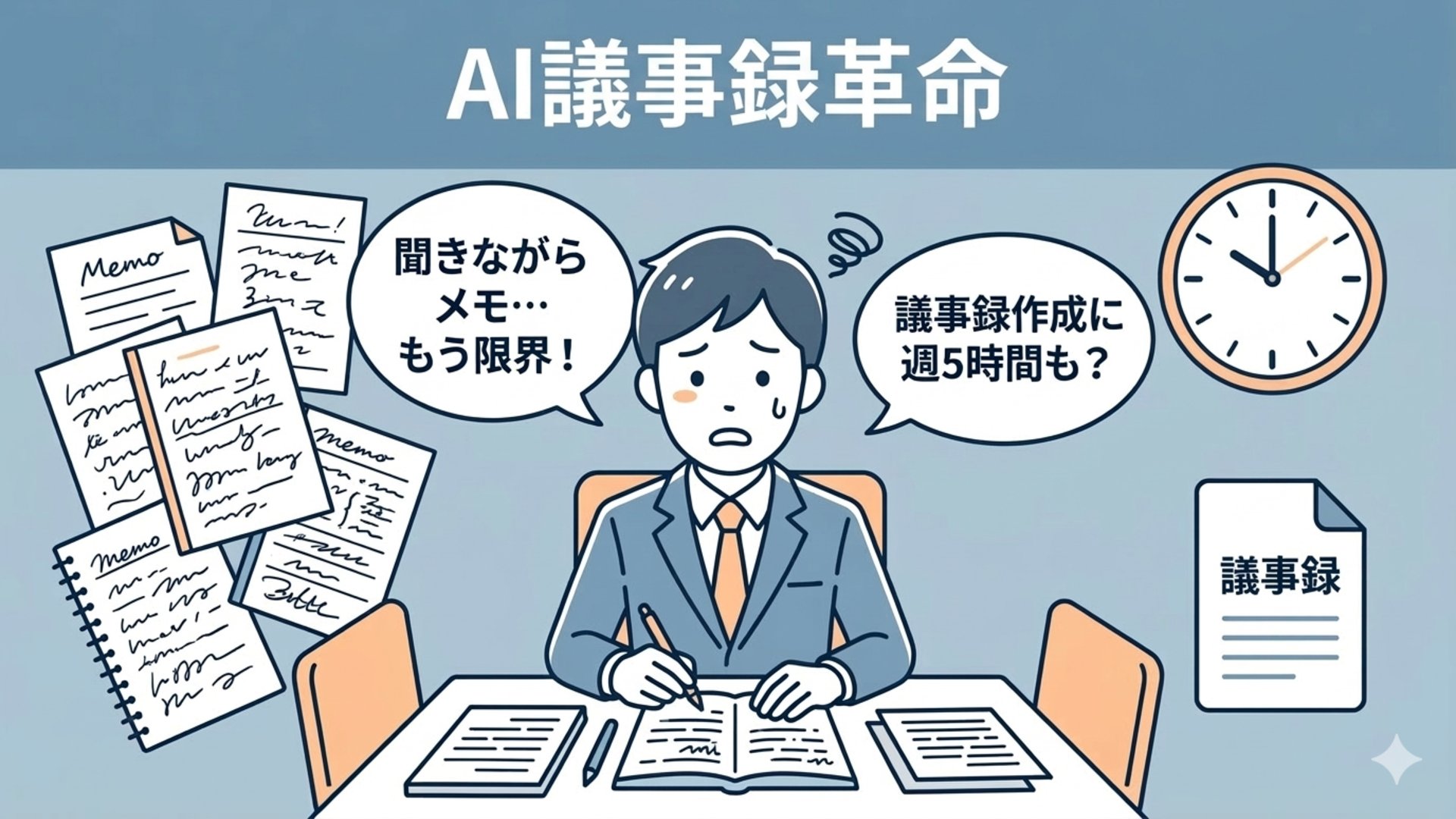 会議中にメモを取りながら疲弊するビジネスパーソン