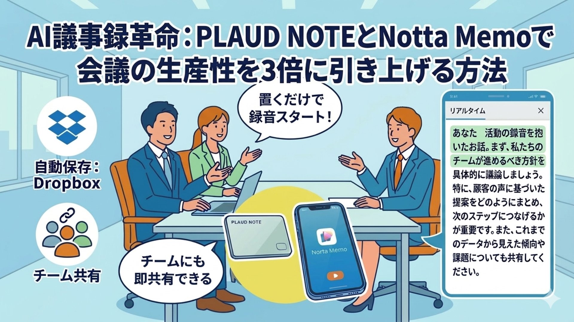 会議室でPLAUD NOTEとNotta Memoを活用しながらリラックスして議論するビジネスパーソン