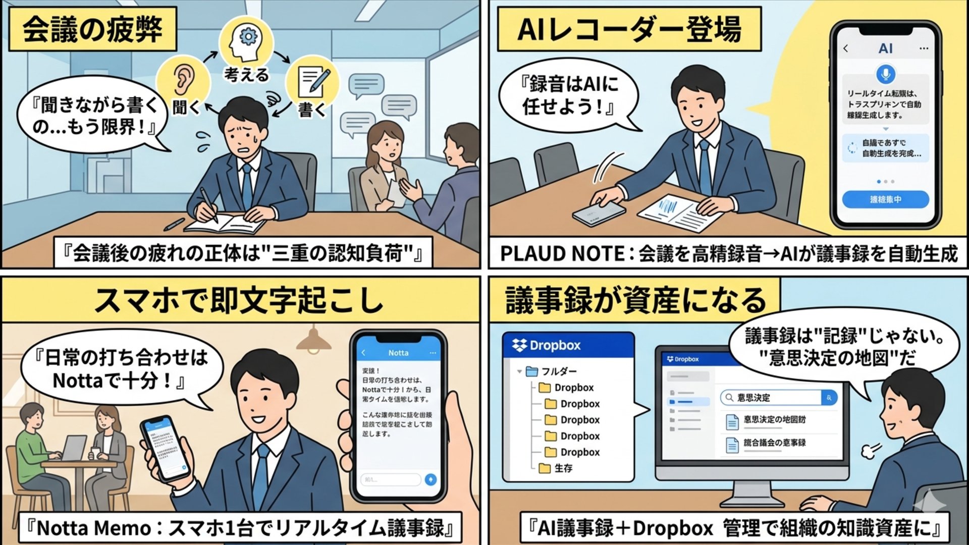 AI議事録革命の4コマ漫画：課題提起から解決・活用・未来イメージまで