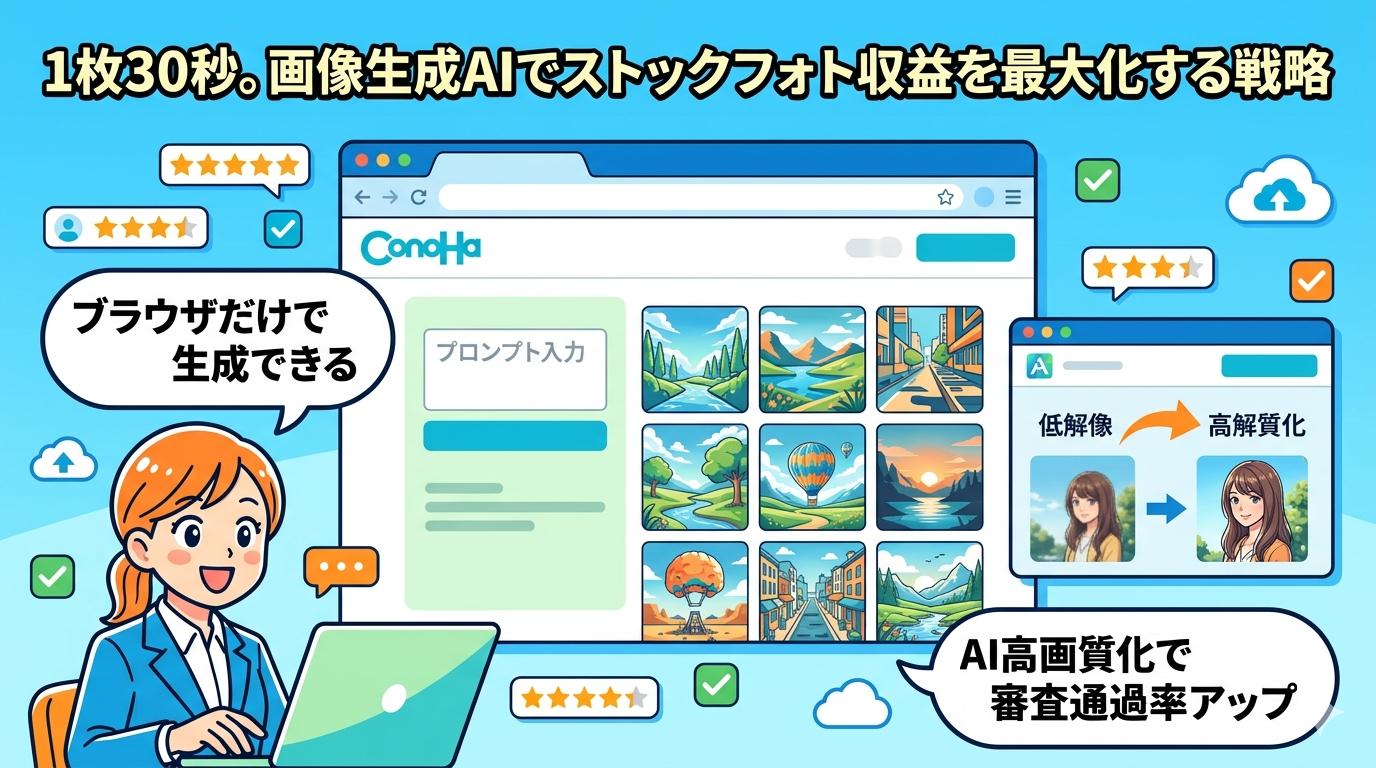 ConoHa AI Canvasのブラウザ操作画面とAiarty Image Enhancerの高画質化機能を紹介する挿絵