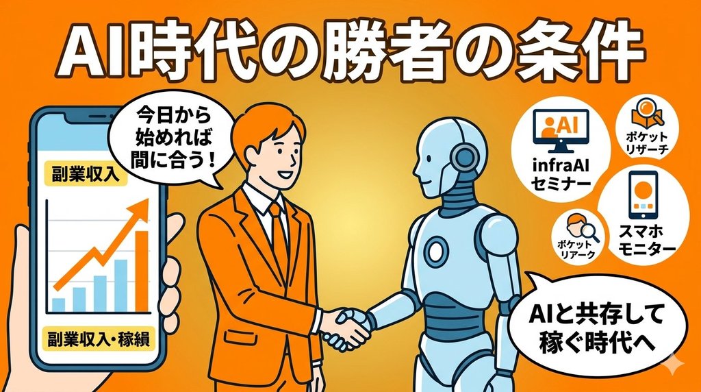 AIと人間が握手し副業収益が上がる未来イメージ。infraAIセミナー・ポケットリサーチ・スマホモニターのアイコン付き