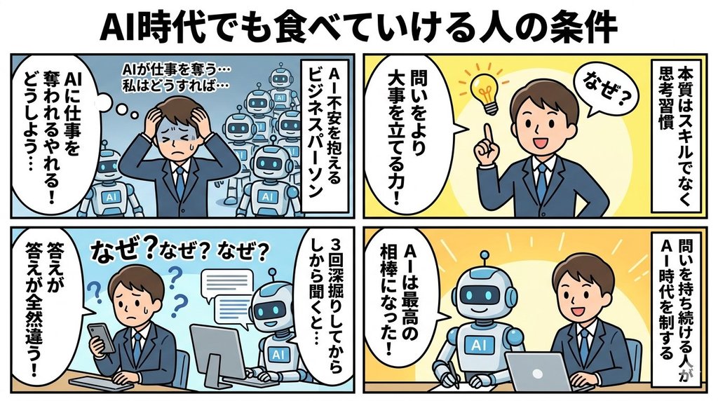 AI時代でも食べていける人の条件を描いた4コマ漫画。なぜ？を3回深掘りしてAIを最高の相棒にする流れ