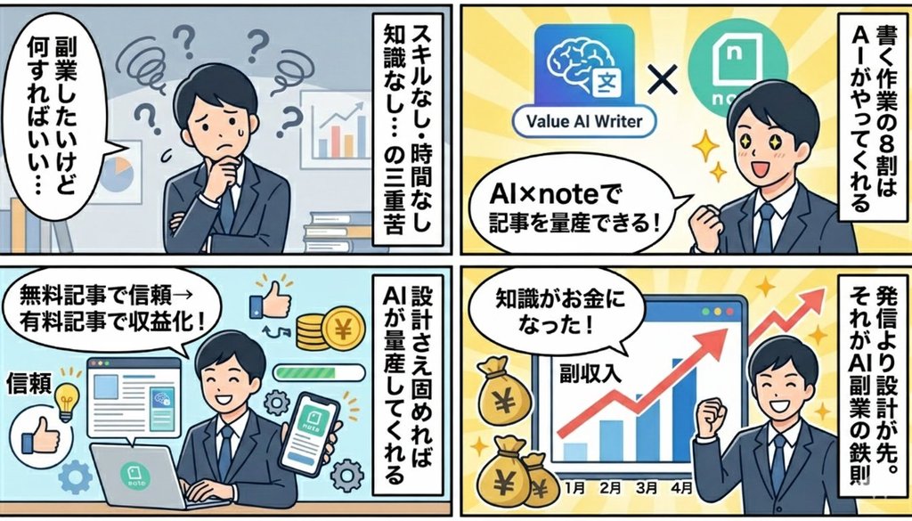 AI×noteで副業収益を生む仕組みを4コマ漫画で解説した図解