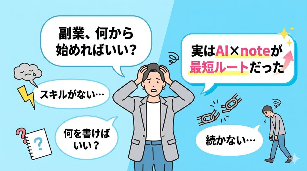副業を始めたいのに何をすればいいかわからず悩む人と、AI×noteが最短ルートであることを示す挿絵