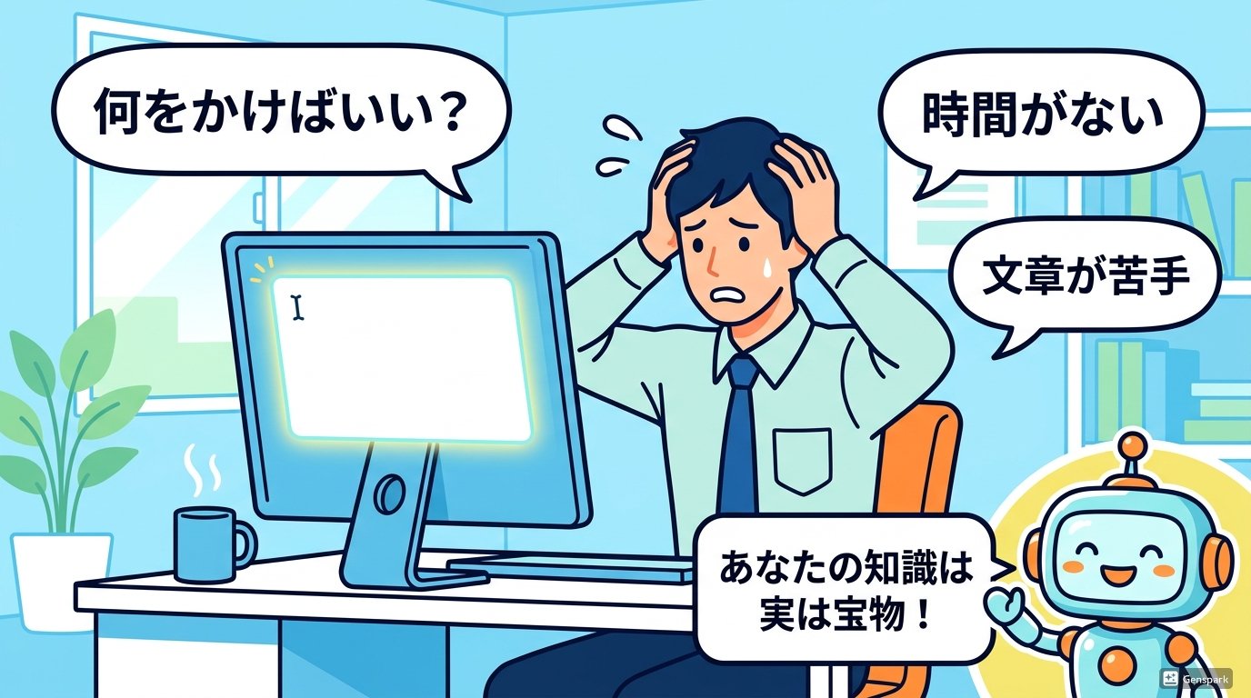 何をかけばいい・時間がない・文章が苦手と悩むビジネスパーソンとAIキャラクター