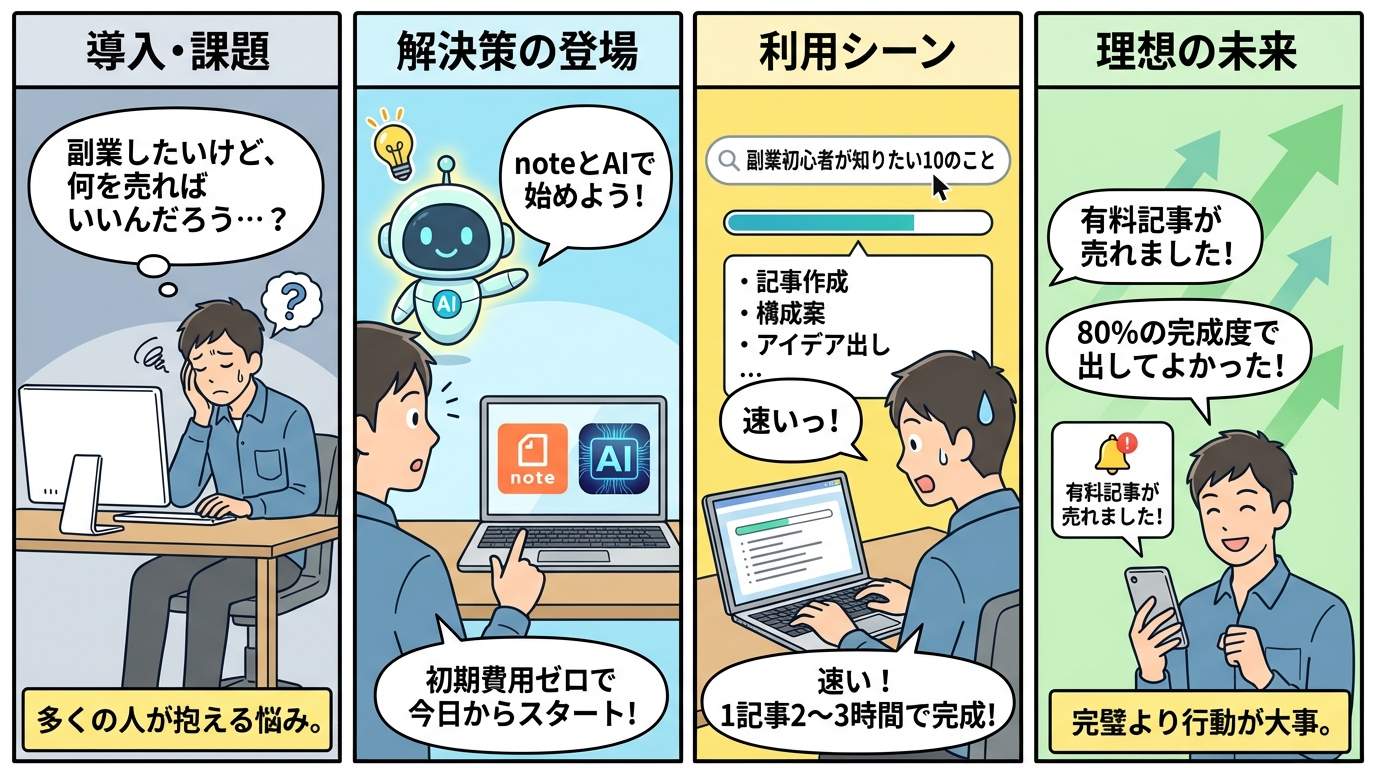 AIとnoteで収益化する3ステップを描いた4コマ漫画
