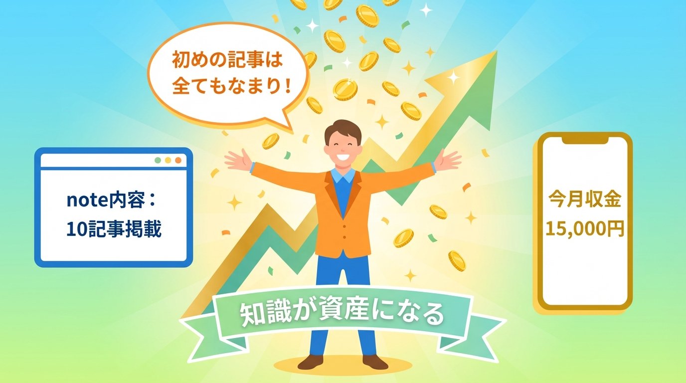 note10記事掲載・今月収益15000円・知識が資産になるイラスト