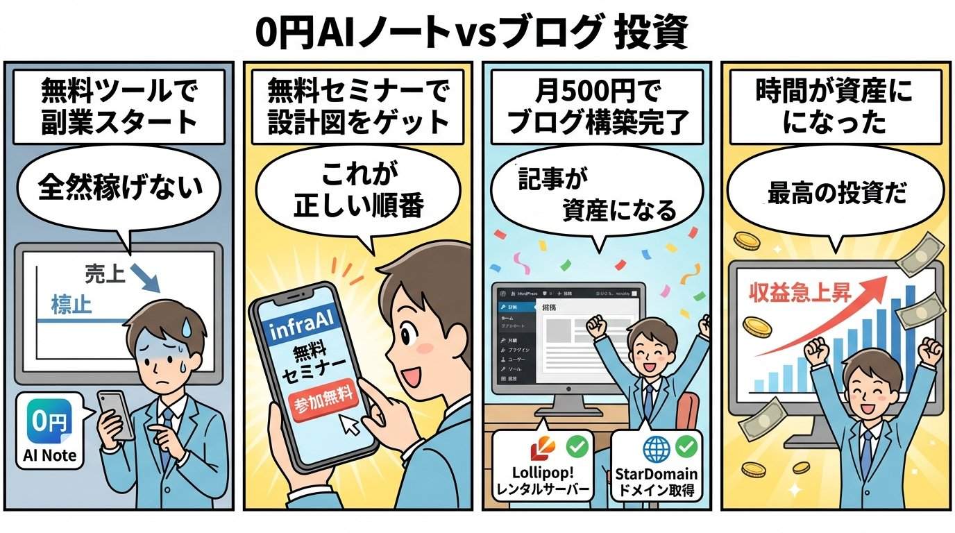 0円AIノートvsブログ投資 副業の正しい4ステップを描いた4コマ漫画