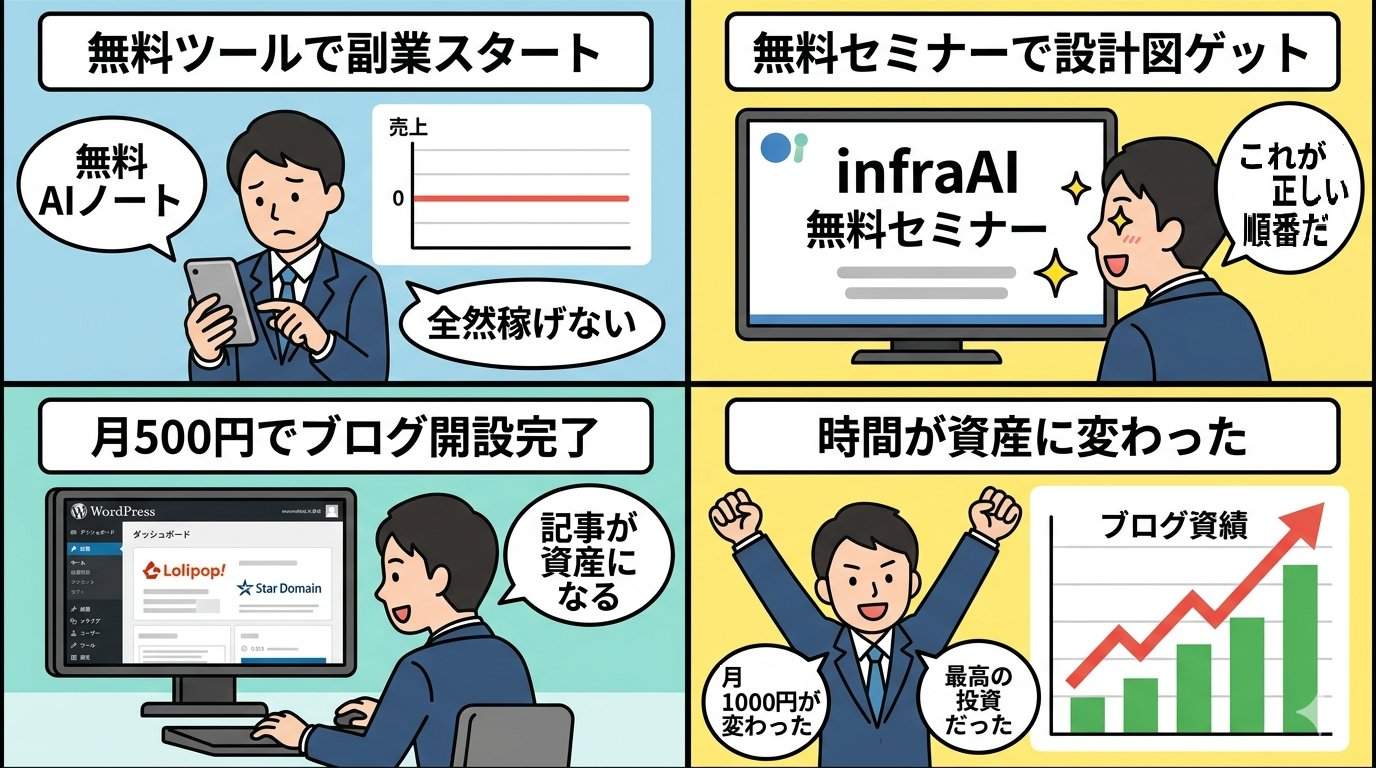 月500円でブログ開設し収益グラフが右肩上がりになった理想の未来を描いた4コマ漫画