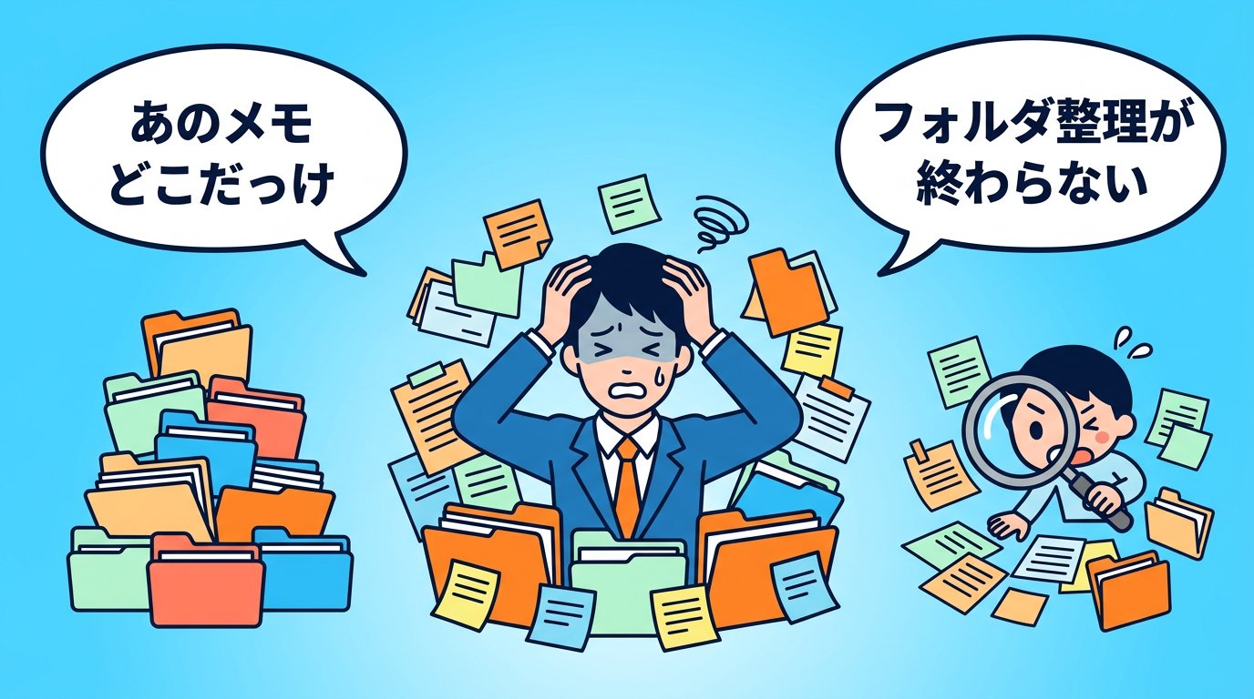 大量のフォルダとメモに囲まれて情報迷子になっているビジネスパーソンのイラスト