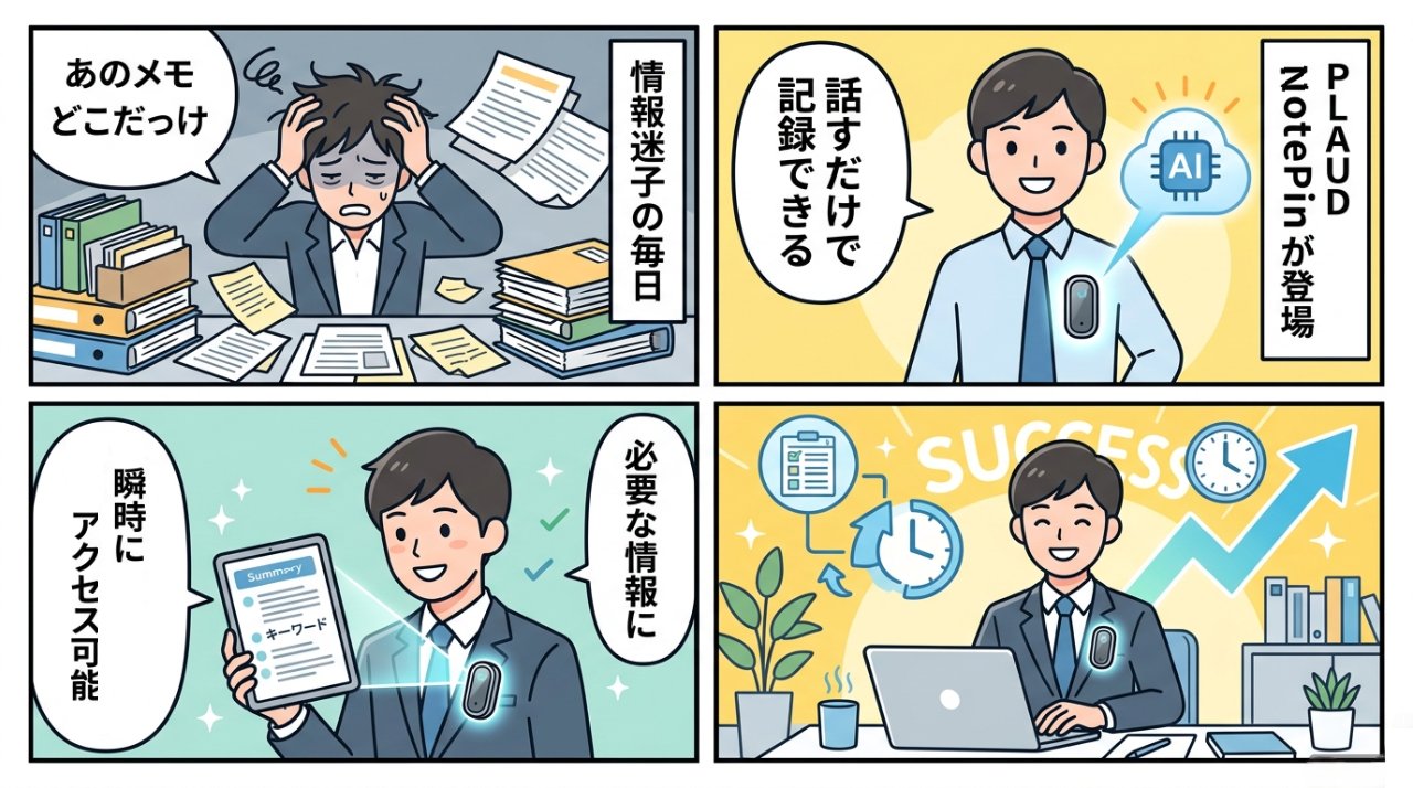 PLAUD NotePinを使って話すだけで記録・AI要約される4コマ漫画