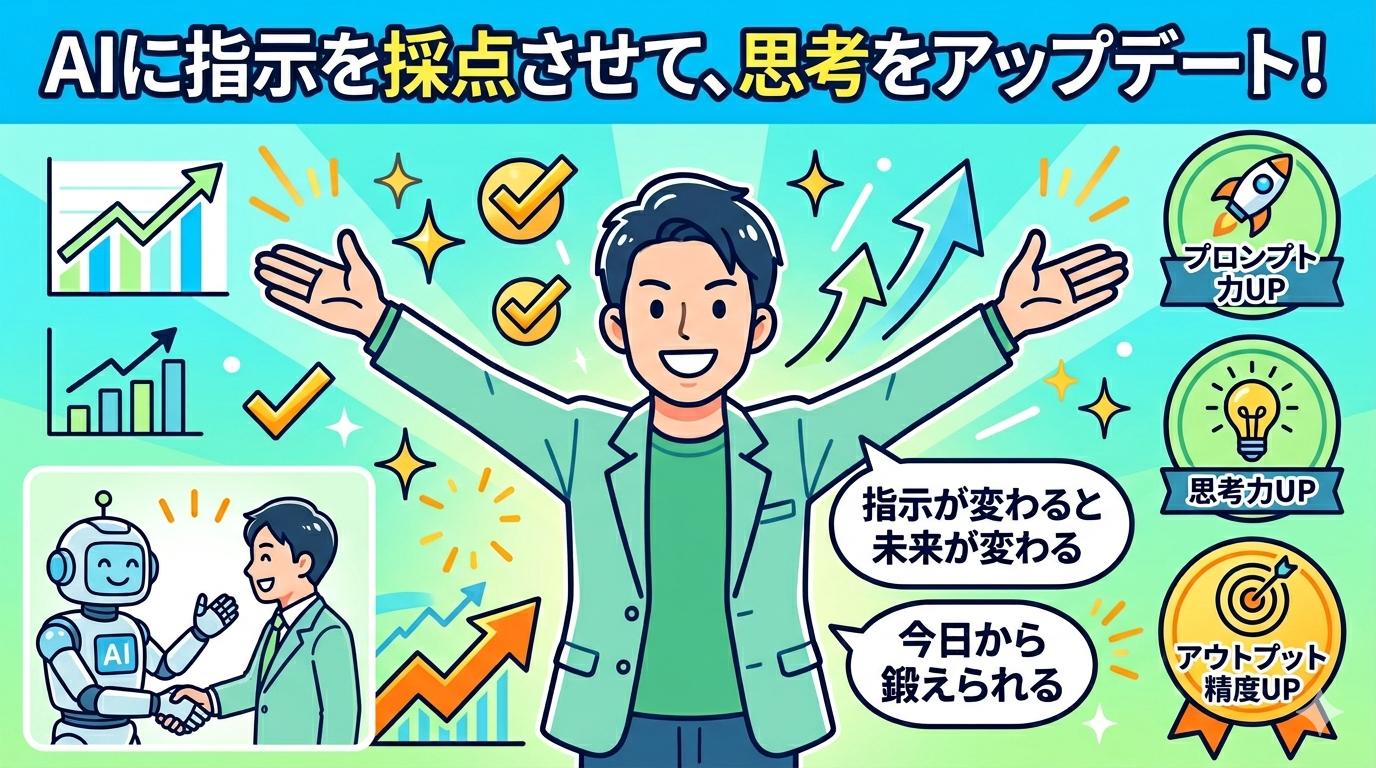 プロンプト力・思考力・アウトプット精度がUPした理想の未来像を表したイラスト