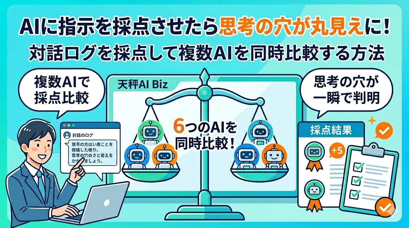天秤AI Bizで6つのAIを同時比較してプロンプト診断する方法を示したイラスト