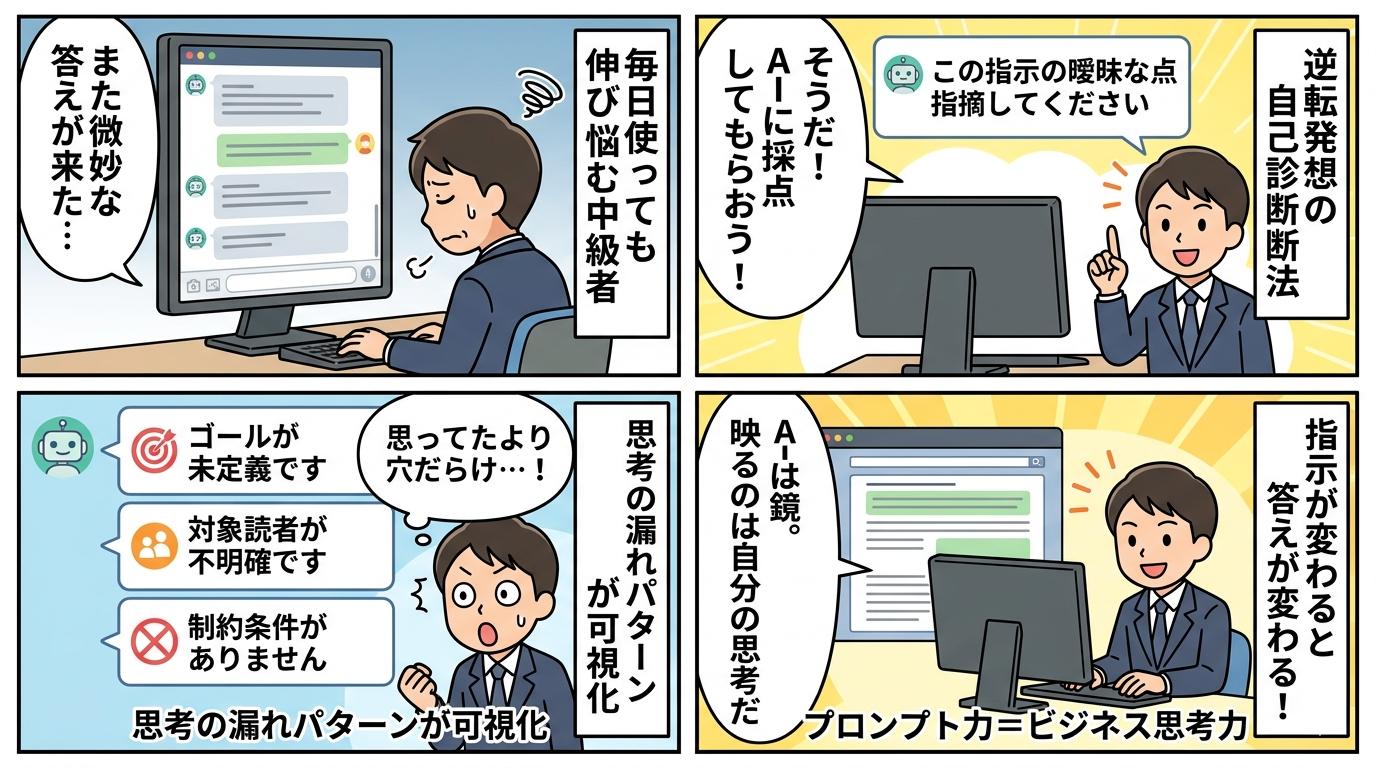 AIに指示を採点させる3ステップと思考の漏れパターンを描いた4コマ漫画