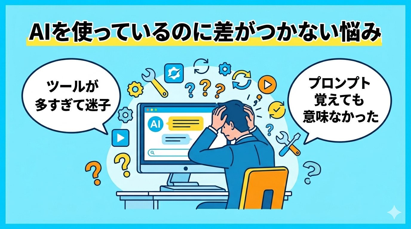 AIを使っているのに差がつかない悩みを抱えるビジネスパーソンのイラスト