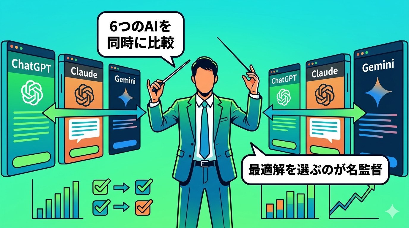 複数のAIを指揮する名監督スタイルのビジネスパーソンのイラスト