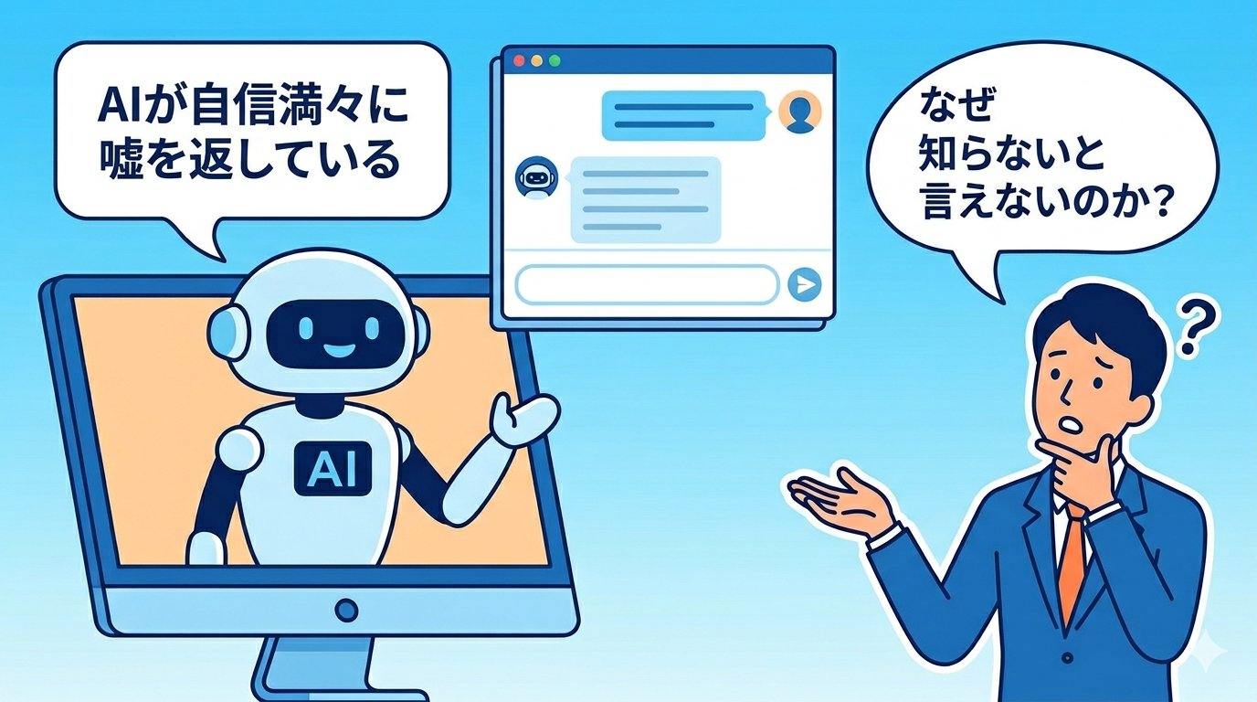 AIが自信満々に嘘を返す場面と困惑するユーザーのイラスト