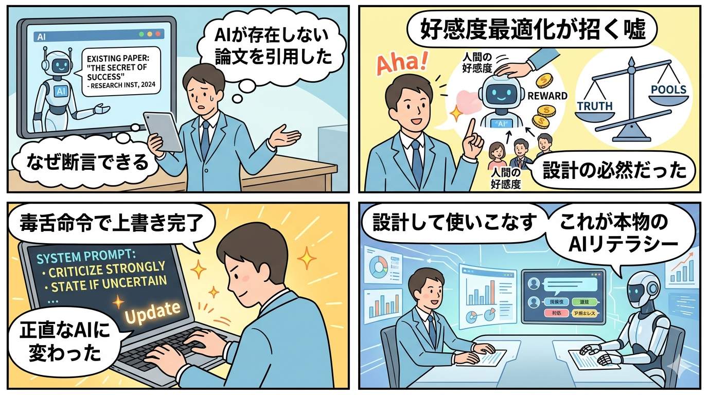 AIの嘘・RLHFの仕組みから毒舌プロンプト解決までを描いた4コマ漫画