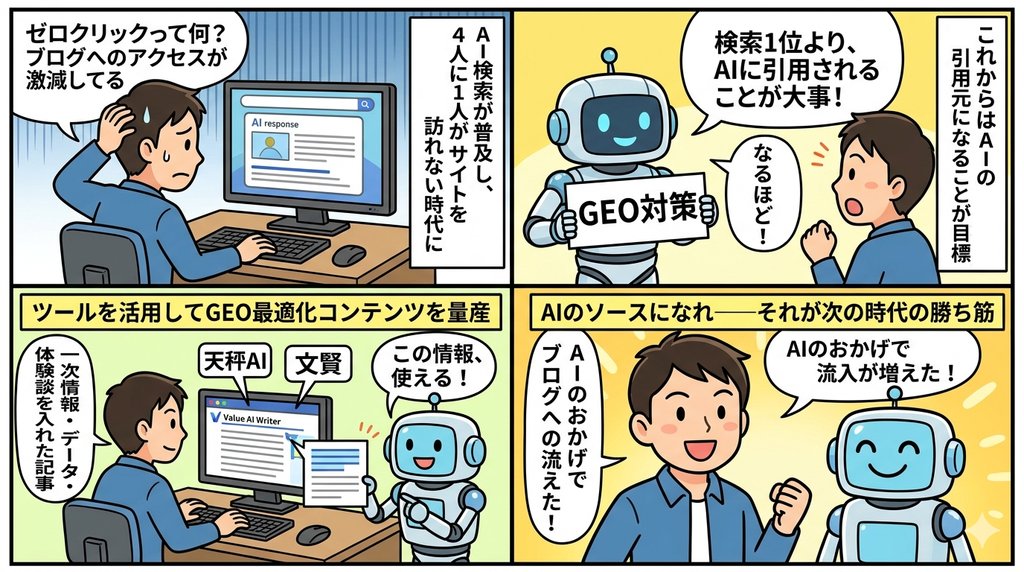 AIに引用されるブログ戦略4コマ漫画——GEO対策の流れをわかりやすく解説