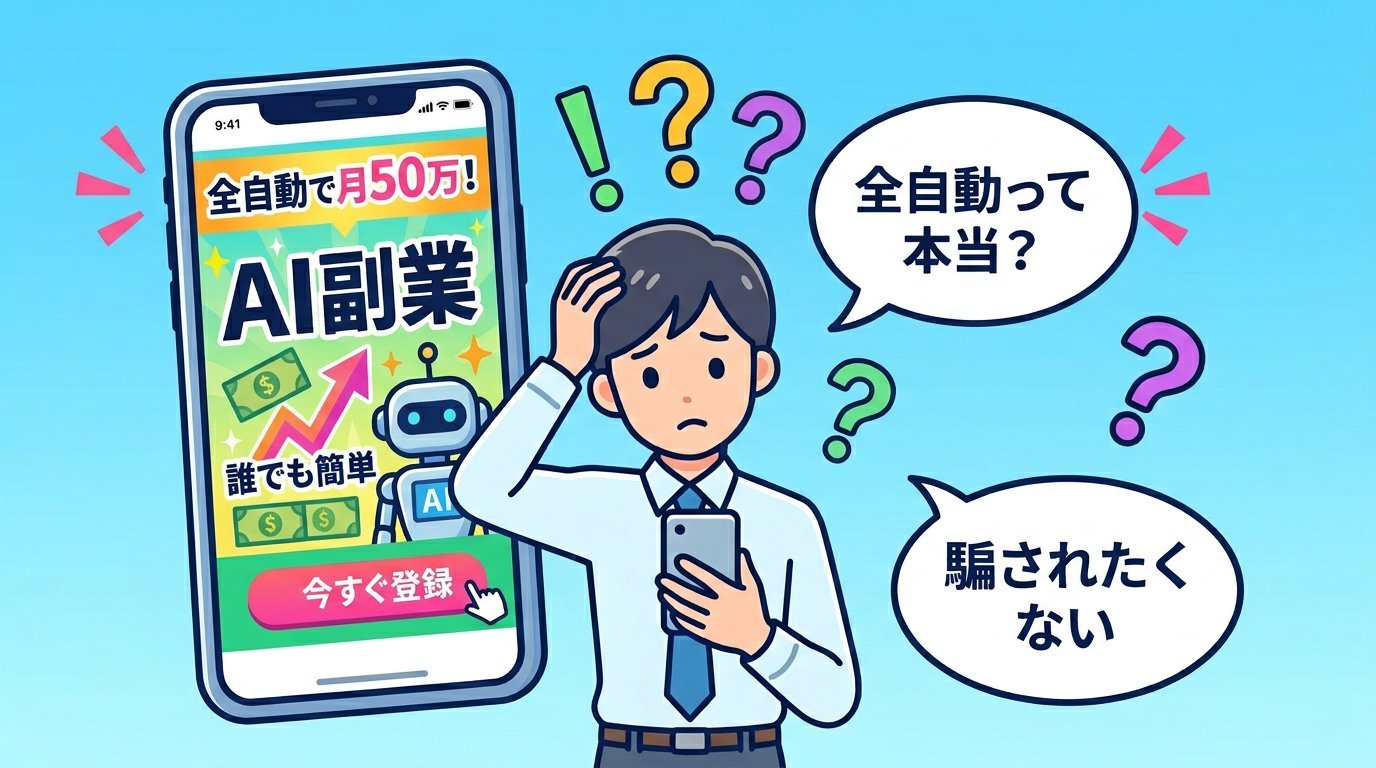 全自動で月50万のAI副業広告を見て困惑するビジネスパーソン