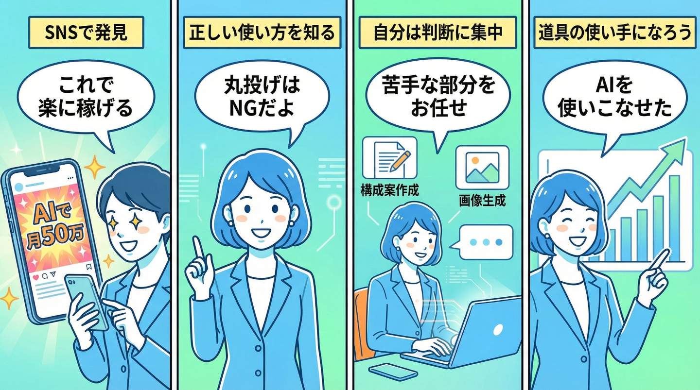 AI副業の正しい向き合い方を4コマで図解