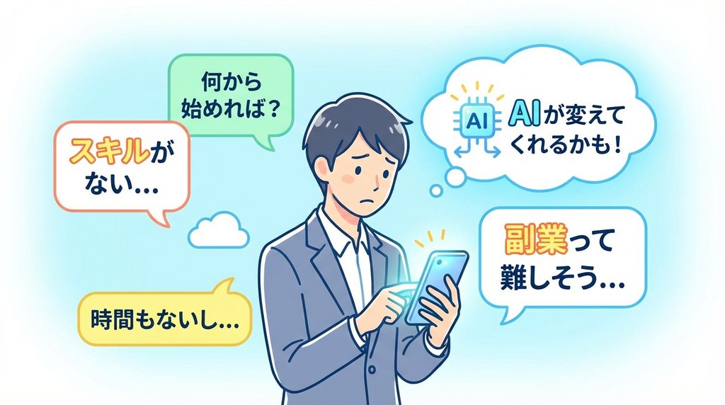 副業したいけどスキルがない…AIが変えてくれるかもと気づく初心者のイラスト