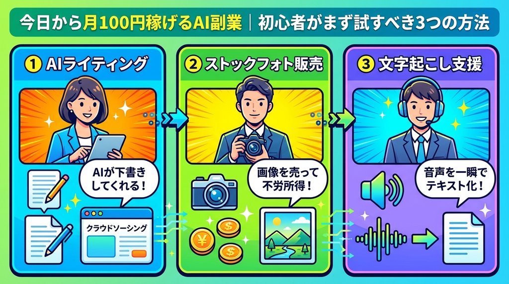 AIライティング・ストックフォト販売・文字起こし支援の3つのAI副業アプローチ図解