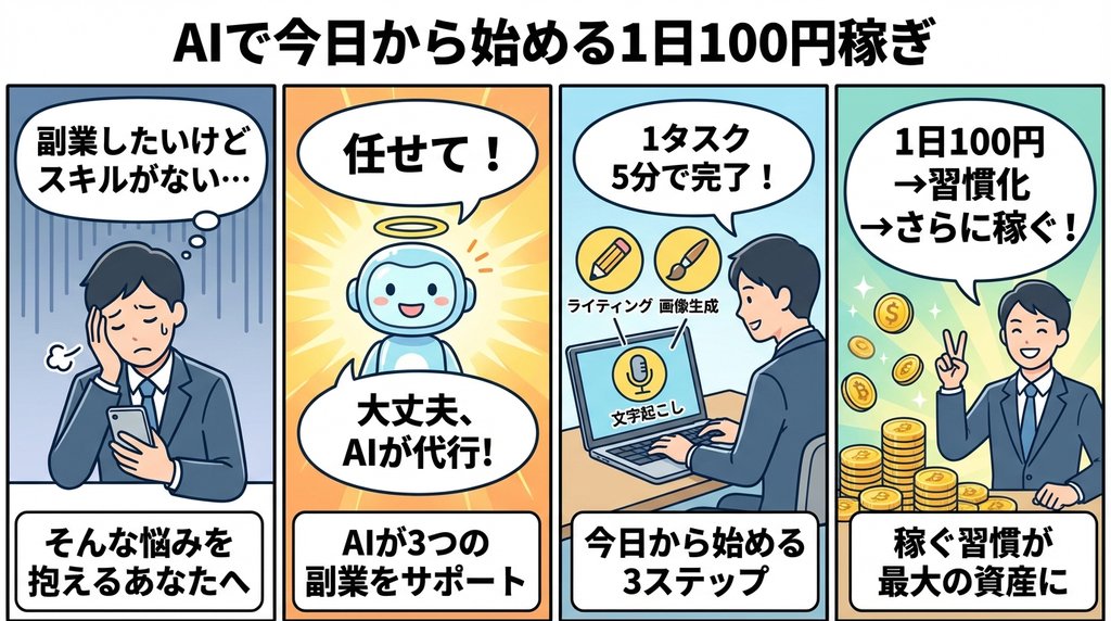 AIで今日から始める1日100円稼ぎ・4コマ漫画で流れをわかりやすく解説
