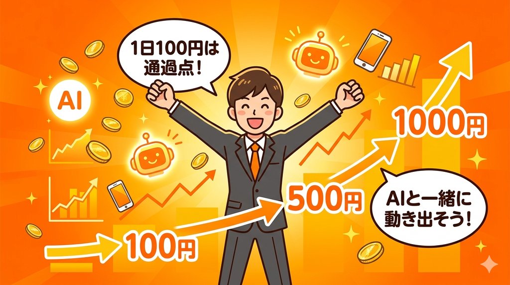 1日100円は通過点！AIと一緒に動き出して100円→500円→1000円へ成長するイメージ