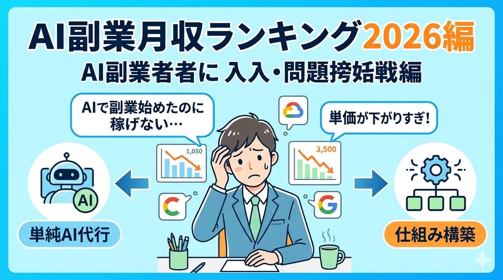 AIで副業を始めたのに稼げないと悩むビジネスパーソン。単純AI代行と仕組み構築の対比図
