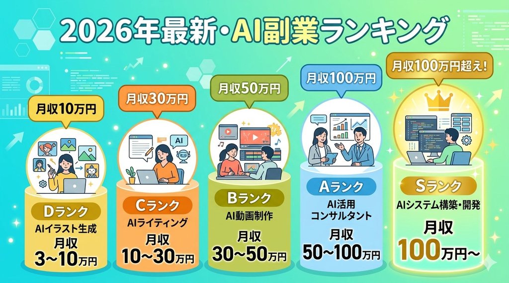 2026年最新AI副業ランキング。DランクからSランクまで月収帯と特徴を一覧表示