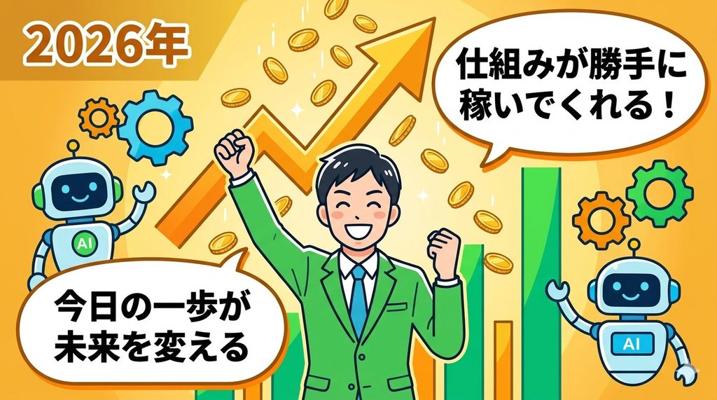 仕組みが勝手に稼いでくれる理想の未来。今日の一歩が未来を変えるイメージ図