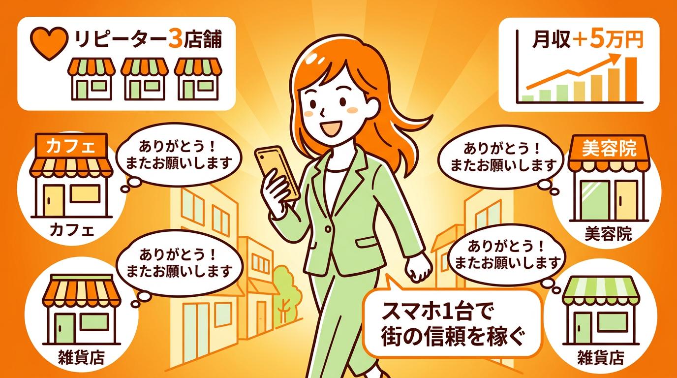 AIステッカー副業で月収プラス5万円・リピーター3店舗を達成した理想の未来イラスト