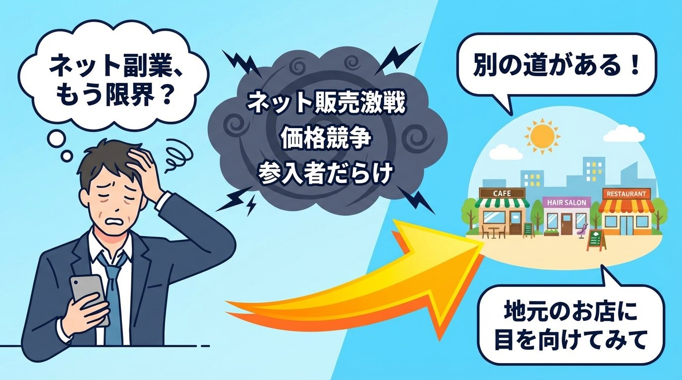 ネット副業の限界と地域密着型副業への転換を示すイラスト