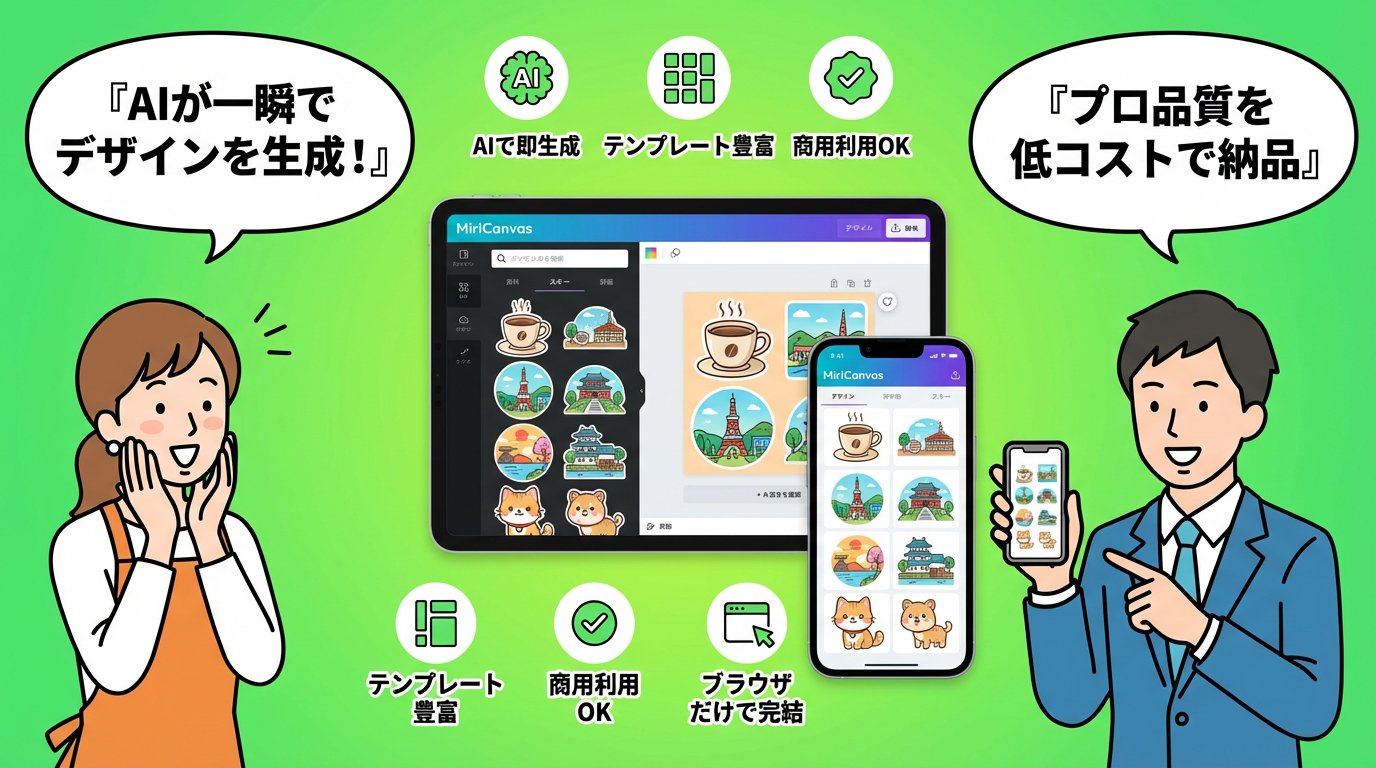 MiriCanvasのAI機能でステッカーデザインを生成・提案するイラスト